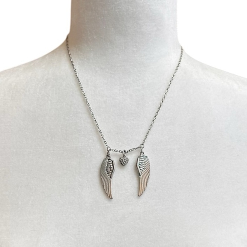 Silver Tone Angel Wings and Crystal Heart Pendant Necklace
